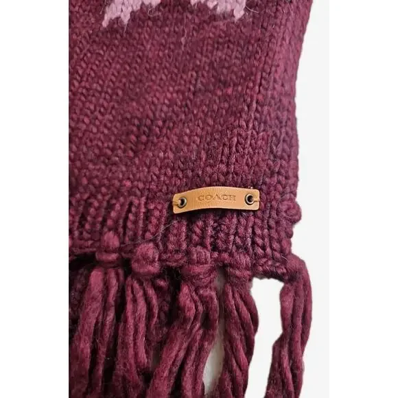 Coach Star Intarsia Long Fringe Scarf Wool Blend Bright Berry Orchid F86021 NWT. - Picture 4 of 14
